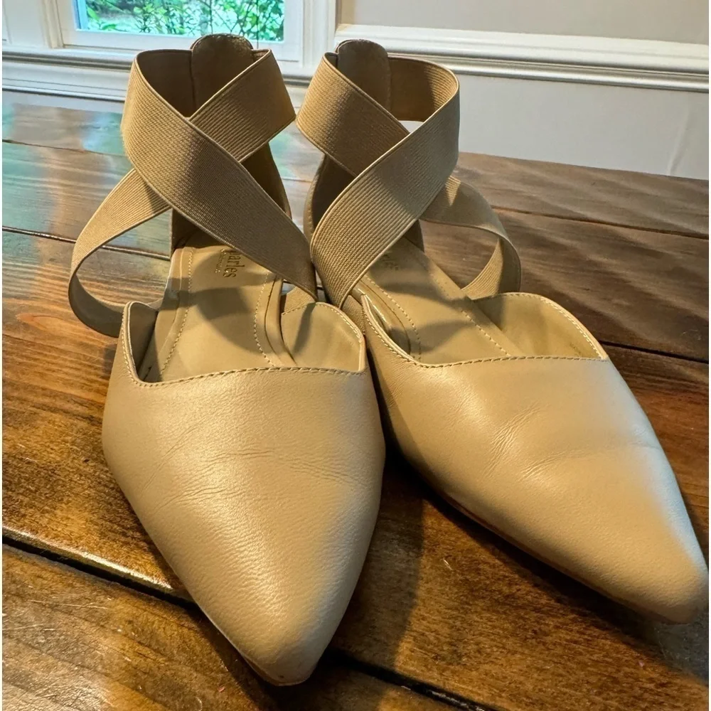 Charles by Charles David Low Wedge Sandal in Nude w/elastic ankle wrap. Size 8